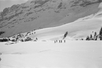 Gruppe von Skifahrern bei der Abfahrt Richtung Grindelwald